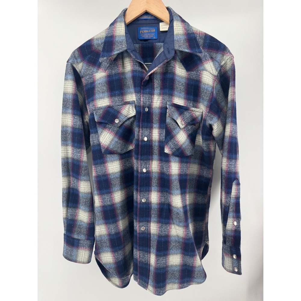VTG Pendleton High Grade Western Wear Pearl Snap Wool Blue Plaid Flannel Sz M